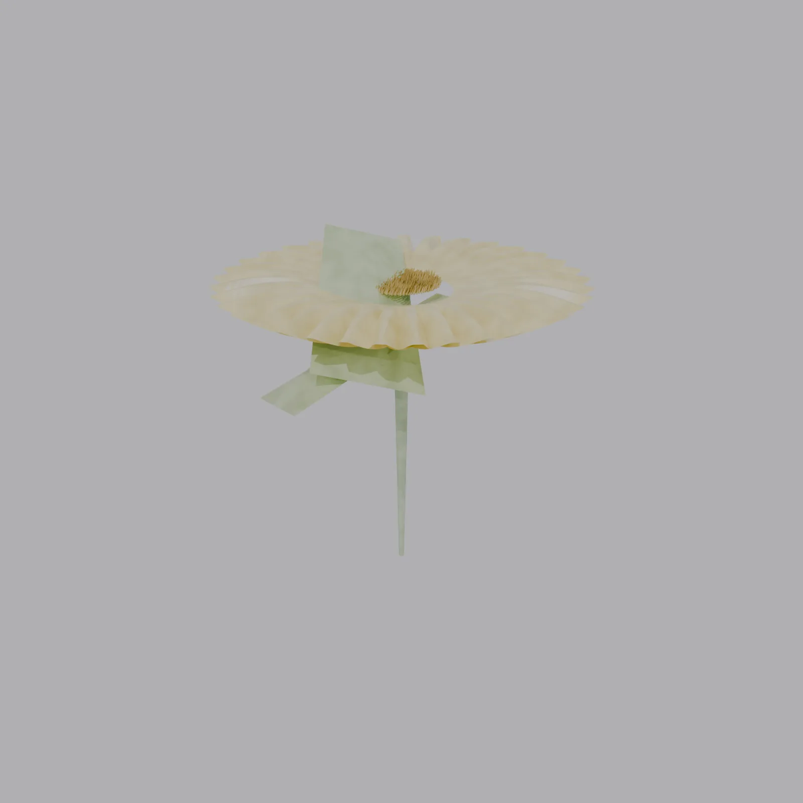 Sonnenblume von Haiku: ringförmige Anordnung der Blütenblätter mit Loch in der Mitte statt gefülltem Blütenkorb, ein schräg stehendes grünes Blatt.