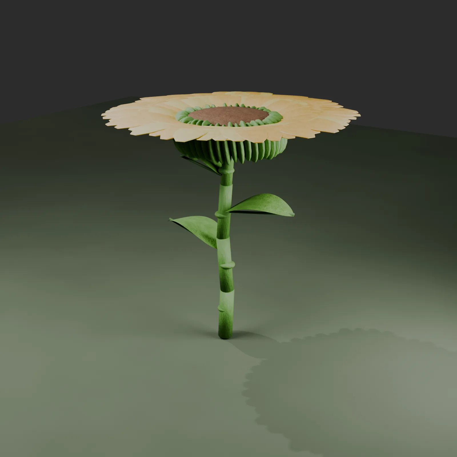 Sonnenblume von Luna: orange-gelbe Blütenblätter, deutlich sichtbarer grün gerippter Blütenboden darunter, bambusartig segmentierter Stängel.