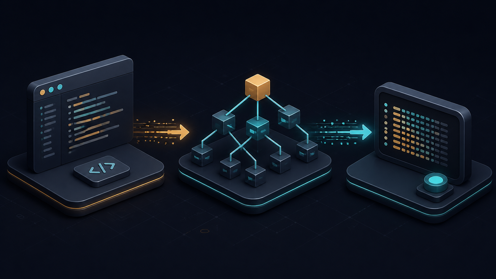 Illustration of a coding workflow with editor, dependency graph and condensed terminal output.